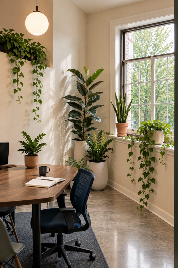 A conference room with a wood table, tall sash windows, a rubber plant in the corner and a snake plant and trailing pothos along the sill