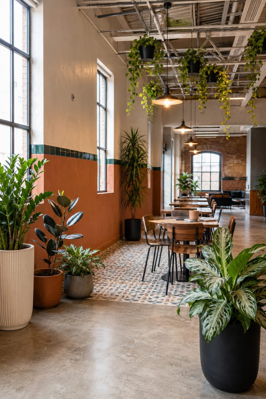 A planted office cafe with terracotta walls, pothos hanging from the ceiling and a cluster of floor plants beside the windows