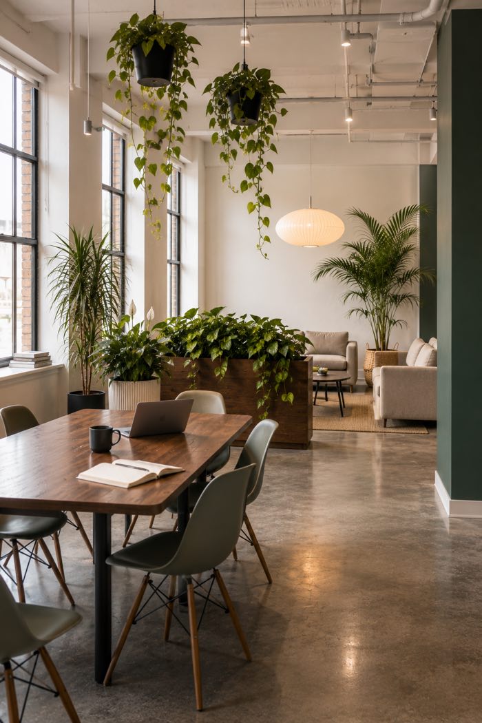 An open office lounge with a wooden planter box full of pothos dividing a meeting table from a seating area, and pothos hanging from the ceiling
