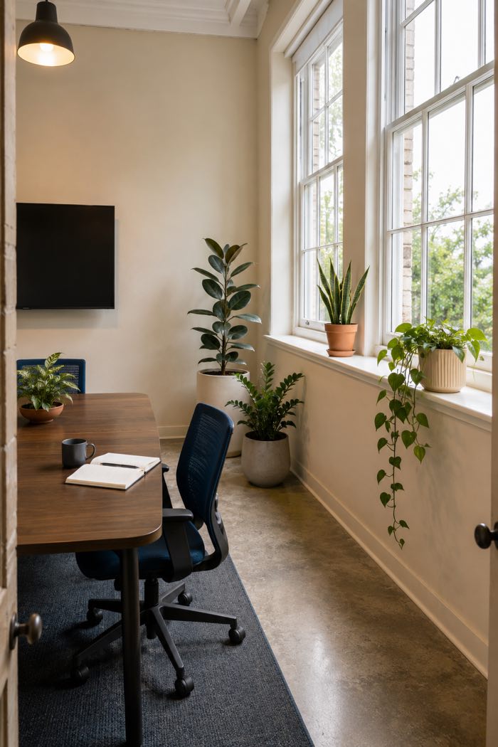 A narrow private office with a desk, a rubber plant and ZZ plant in the corner, and a snake plant and pothos on the windowsill