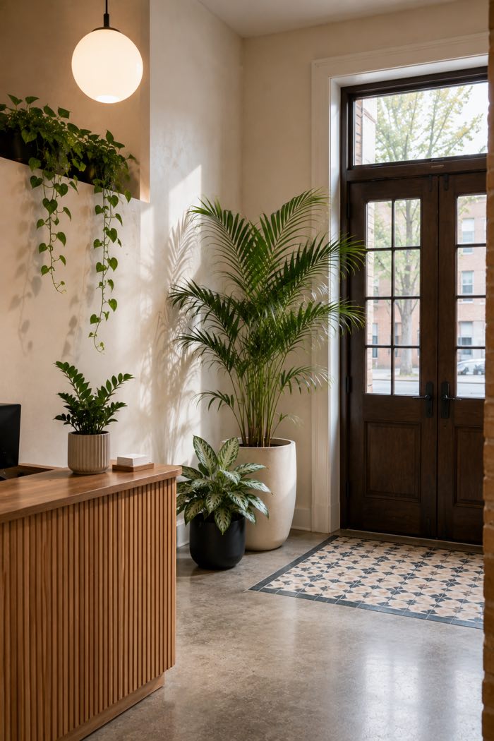 A reception area with a slatted wood counter, a kentia palm beside dark double doors, and pothos trailing from a shelf above the desk