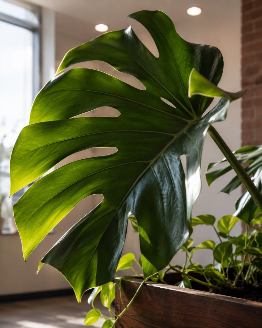 A large backlit monstera leaf beside an office window, with a wooden planter of pothos below and exposed brick behind