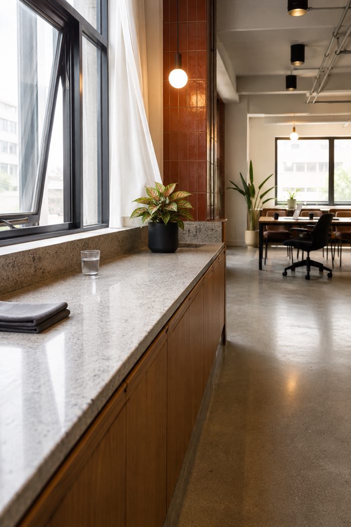 An office kitchen counter beside an open window with a curtain moving, a folded cloth and a glass of water, and an aglaonema in a black pot