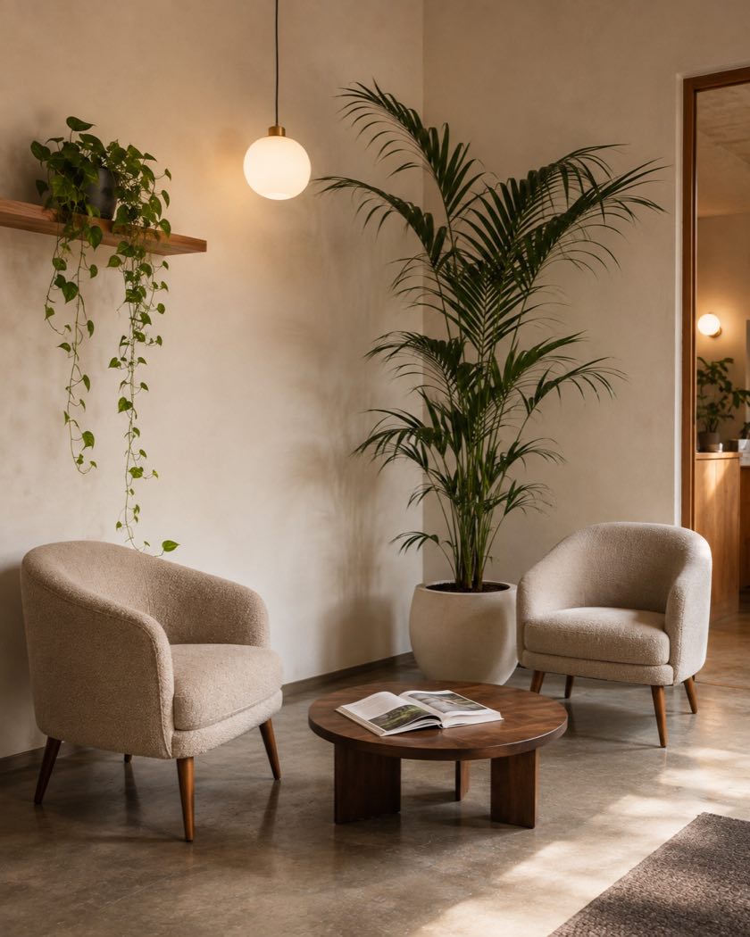 A waiting area with two bouclé armchairs either side of a round wood table, a kentia palm in a cream planter, and pothos trailing from a shelf