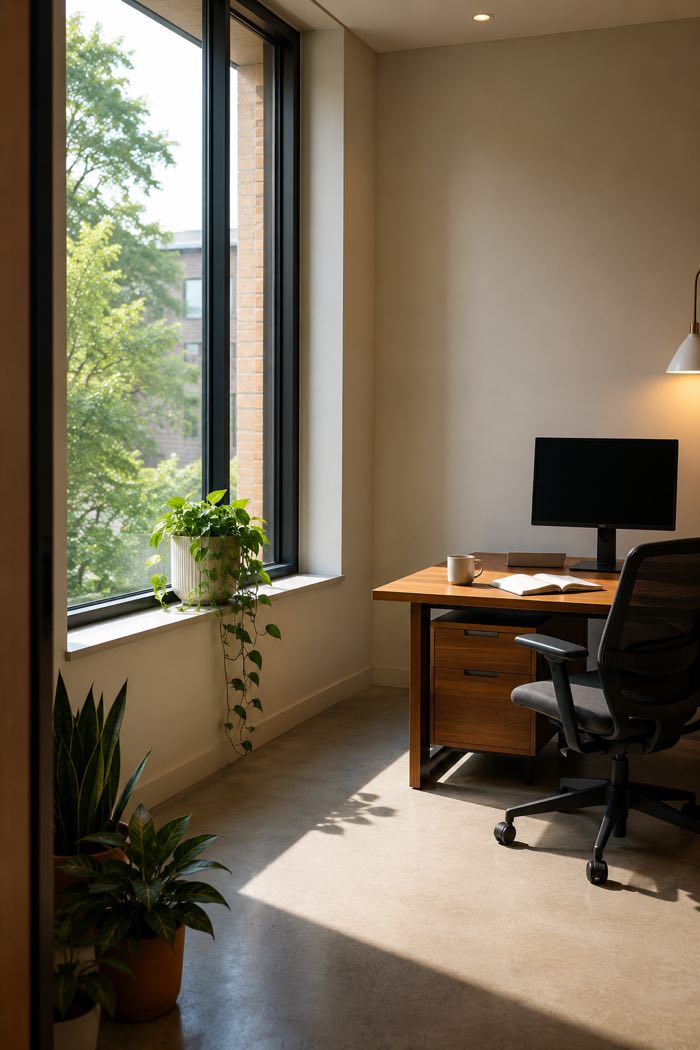 A desk beside a tall office window in morning light, with a trailing pothos on the sill and sunlight falling across the floor