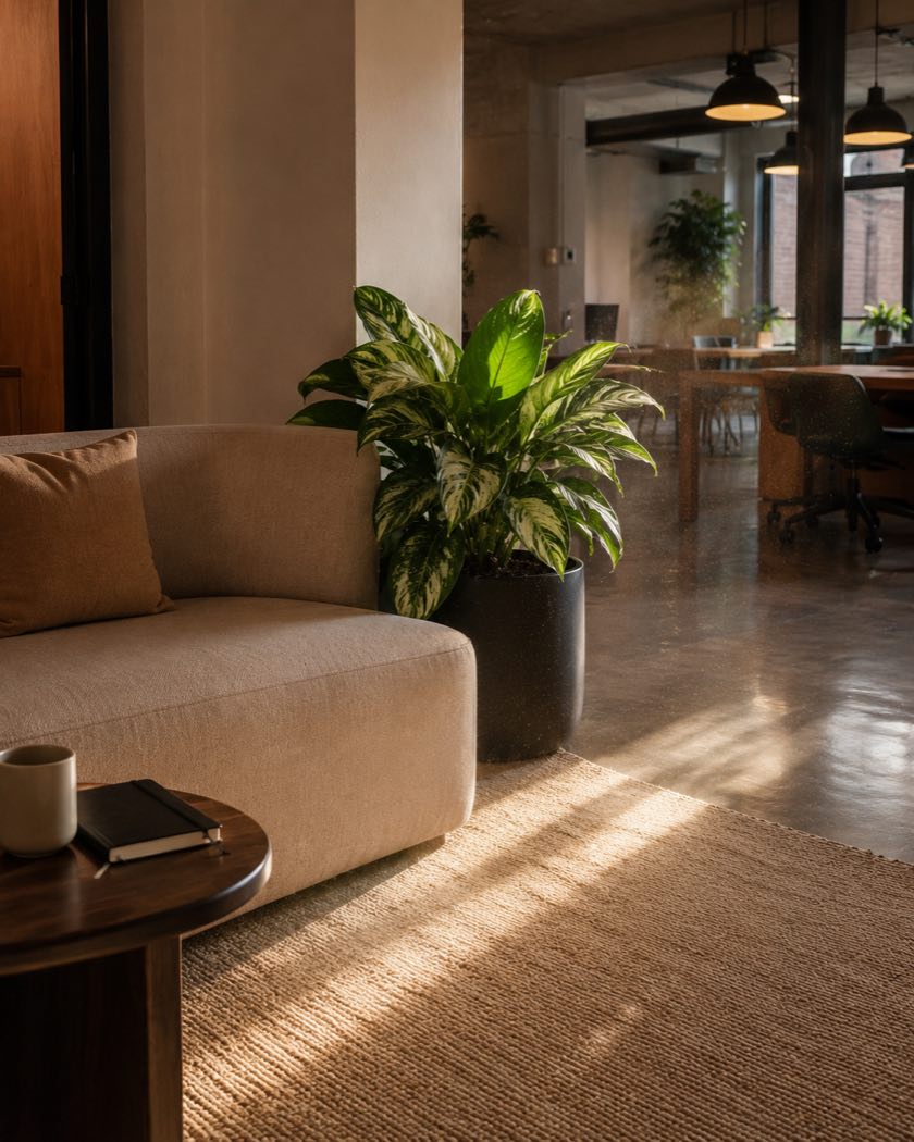 An office lounge in low afternoon sun, an oatmeal sofa beside an aglaonema in a black planter, light raking across a jute rug