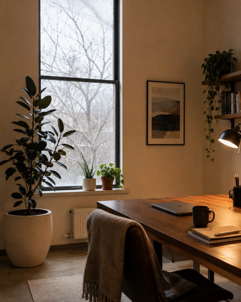 A winter office with bare branches visible through a tall window, a rubber plant in a cream planter, and a wool throw over the chair