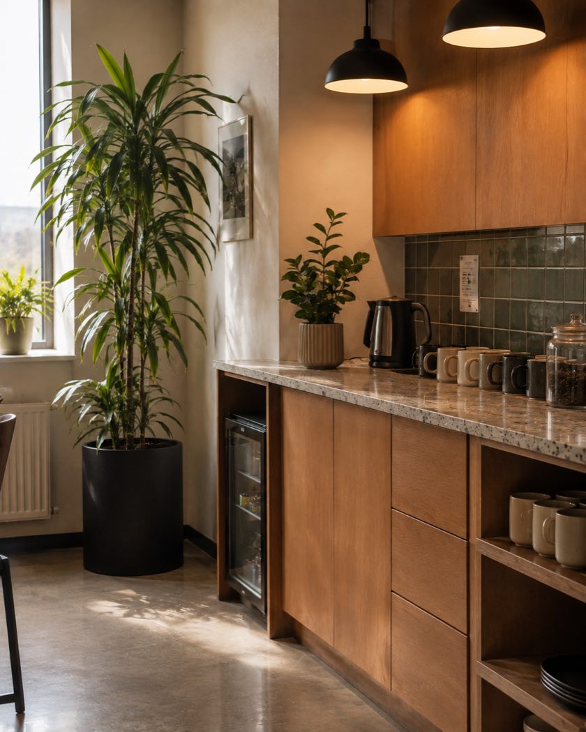 An office kitchen with wood cabinetry, a terrazzo counter, a kettle and mugs, and a tall dracaena in a black planter by the window