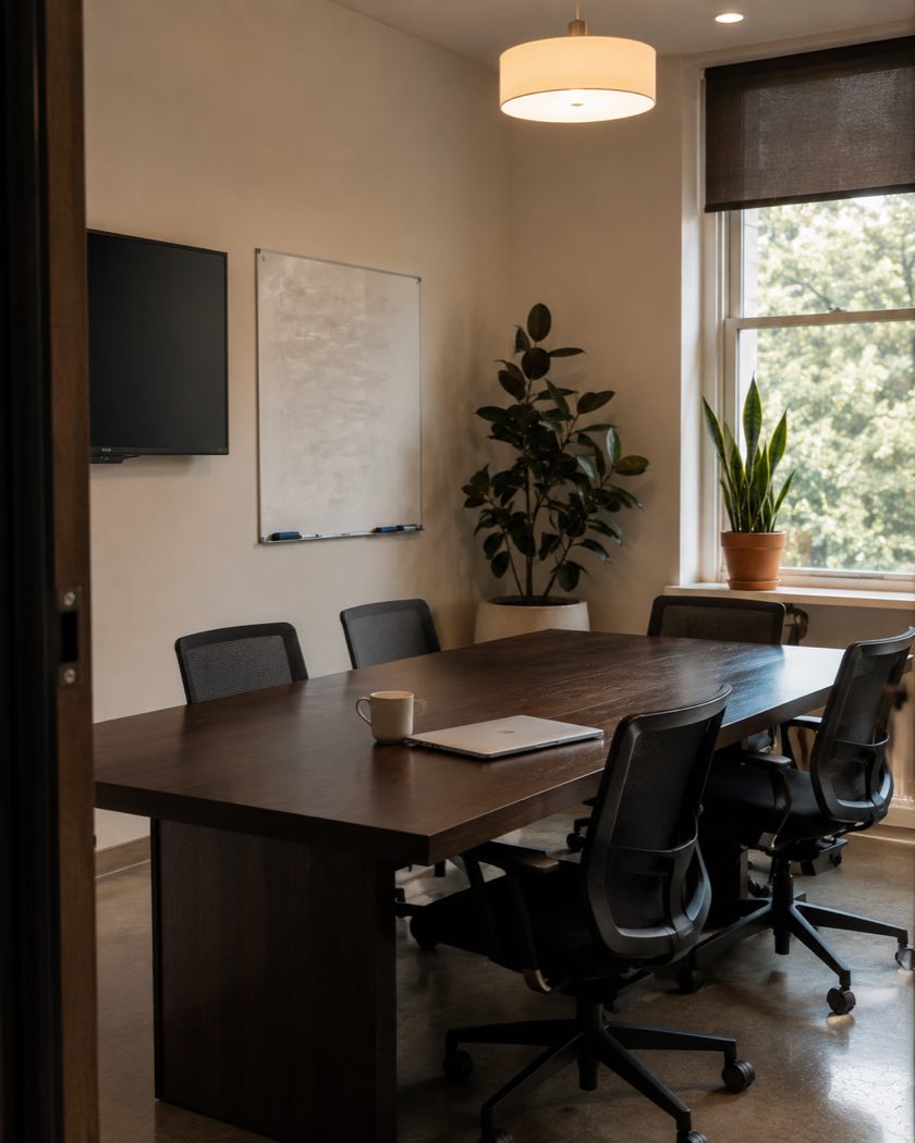 A small conference room with a dark wood table and mesh chairs, a whiteboard and screen, a rubber plant in the corner and a snake plant on the sill