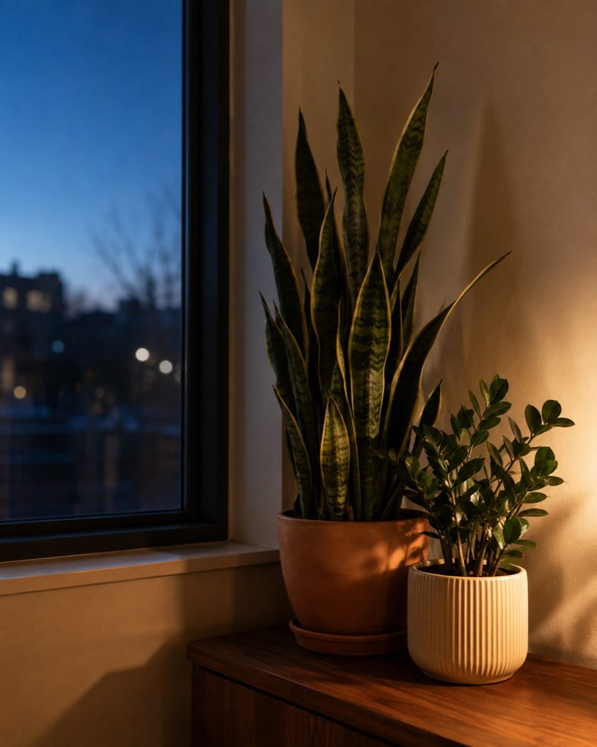 A snake plant and a ZZ plant on a wooden sideboard beside a window at dusk, lit warmly from one side against a deep blue sky